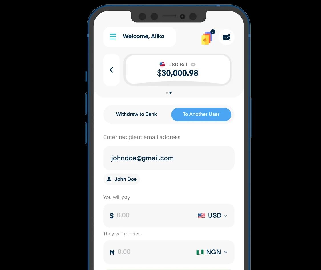Cardtonic app transfer screen with a recipient, a sending wallet and a receiving wallet