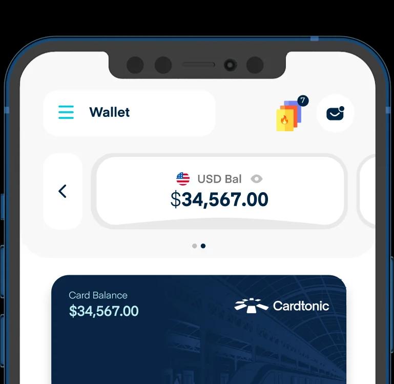 Cardtonic app virtual cards screen, with a card funded from the USD Wallet
