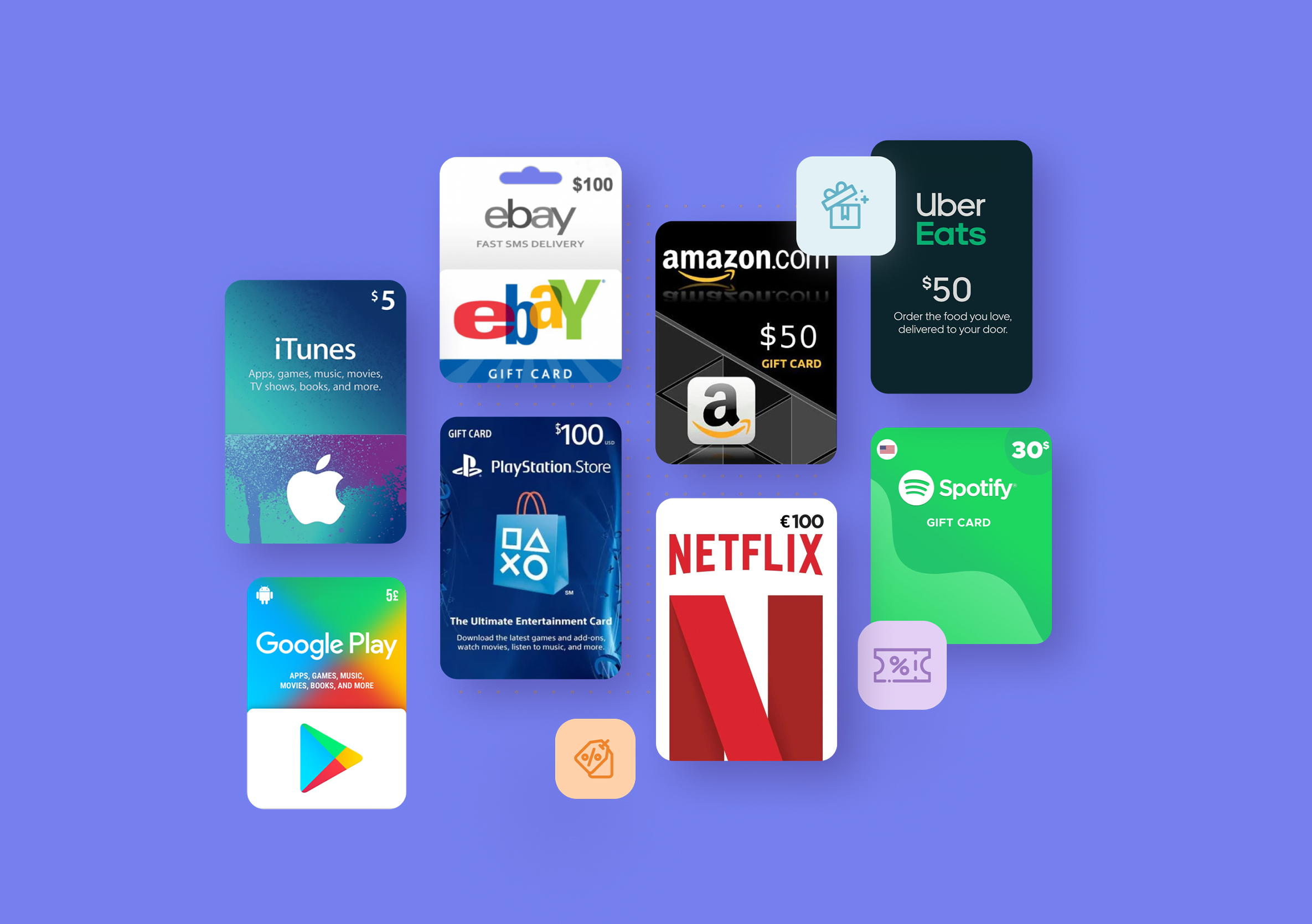 An arrangement of different types of gift cards